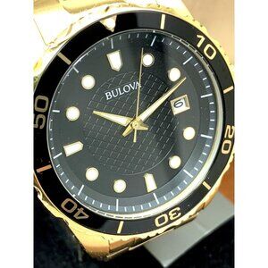 Bulova Men's Watch 98B375 Quartz Gold Black Dial Date Stainless Steel 43mm
